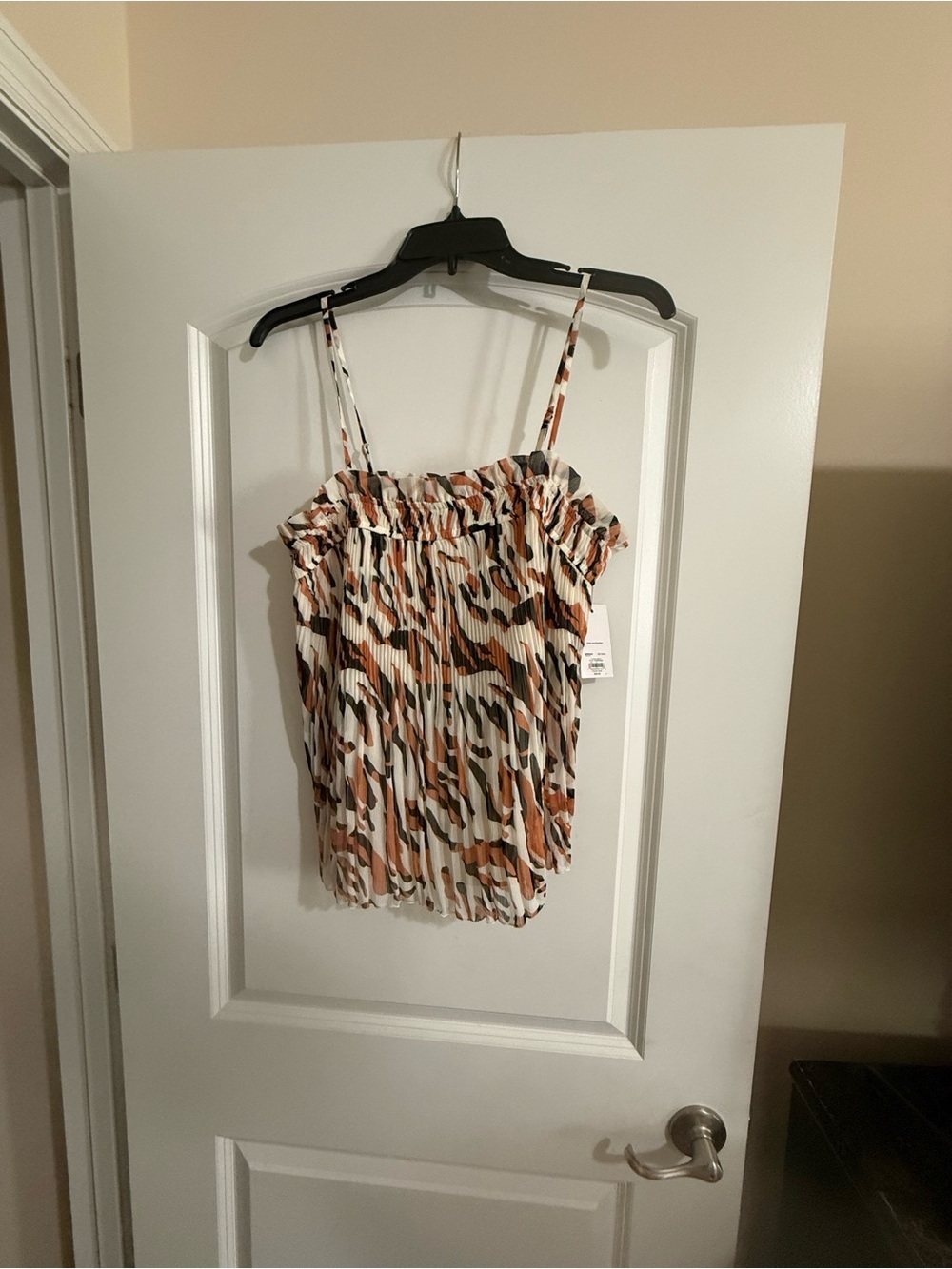 Nine West White and Brown Animal-Print Pleated Spaghetti-Strap Camisole